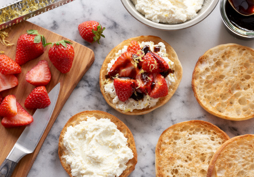 Strawberry Balsamic Ricotta Spread on Bays English muffins on table
