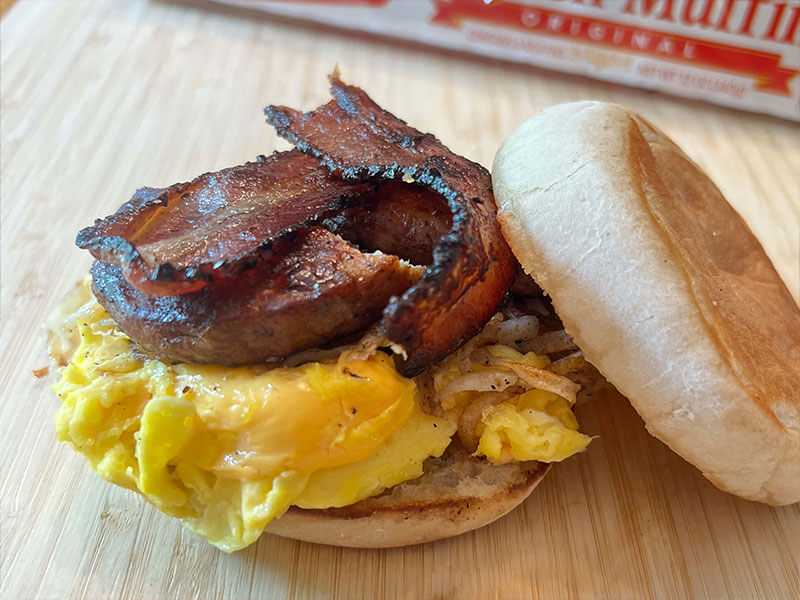 Eggs Sausage and Bacon Breakfast Sandwich