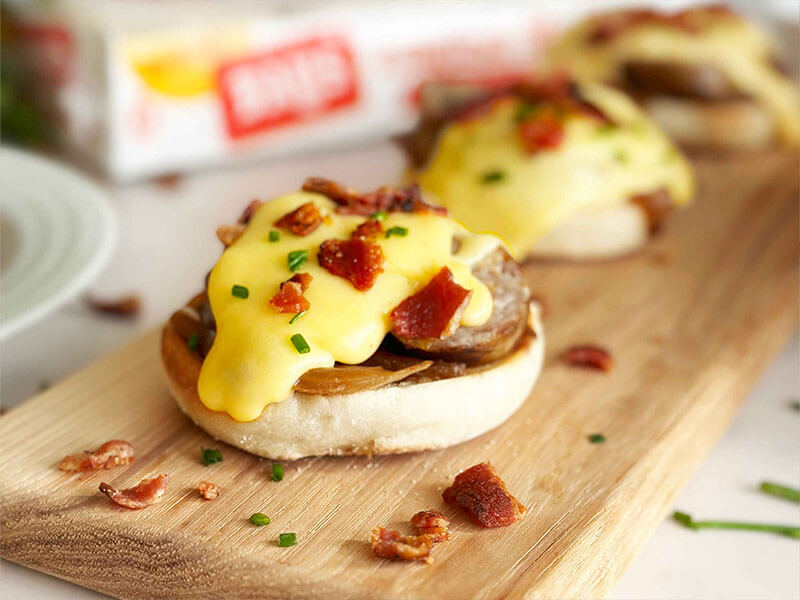 Brat with beer cheese sauce on Bays English Muffins