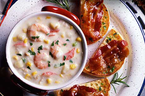HEARTY SEAFOOD CHOWDER AND SWEET BACON & HERB MUFFINS