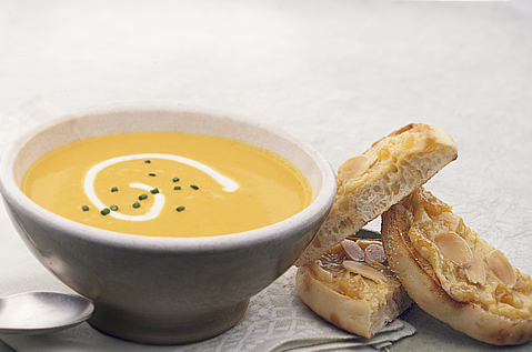 CURRIED CARROT SOUP WITH CHUTNEY BUTTERED MUFFINS