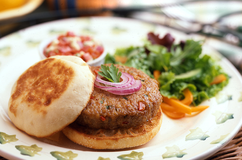 GARDEN CHICKEN BURGERS WITH BASIL-GORGONZOLA SALSA