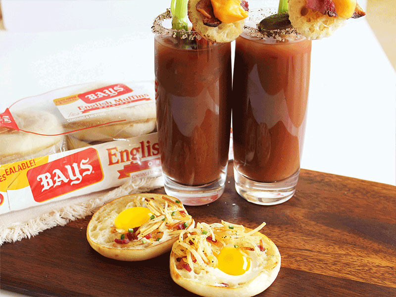 Egg in hole english muffin and bloody mary