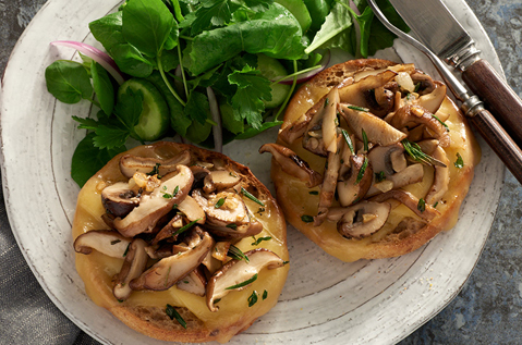 mushrooms on two Bays English Muffins