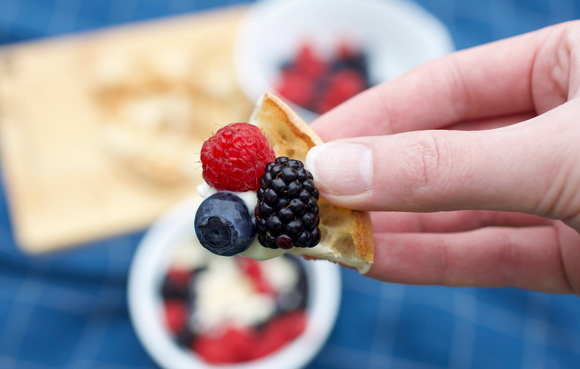 WEDGE OF BAYS WITH A RASPBERRY BLUEBERRY AND BLACKBERRY ON IT