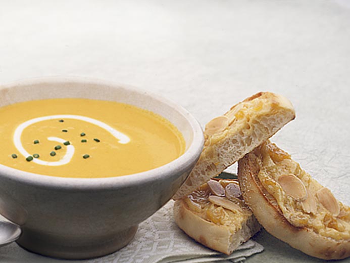 CURRIED CARROT SOUP WITH CHUTNEY BUTTERED MUFFINS